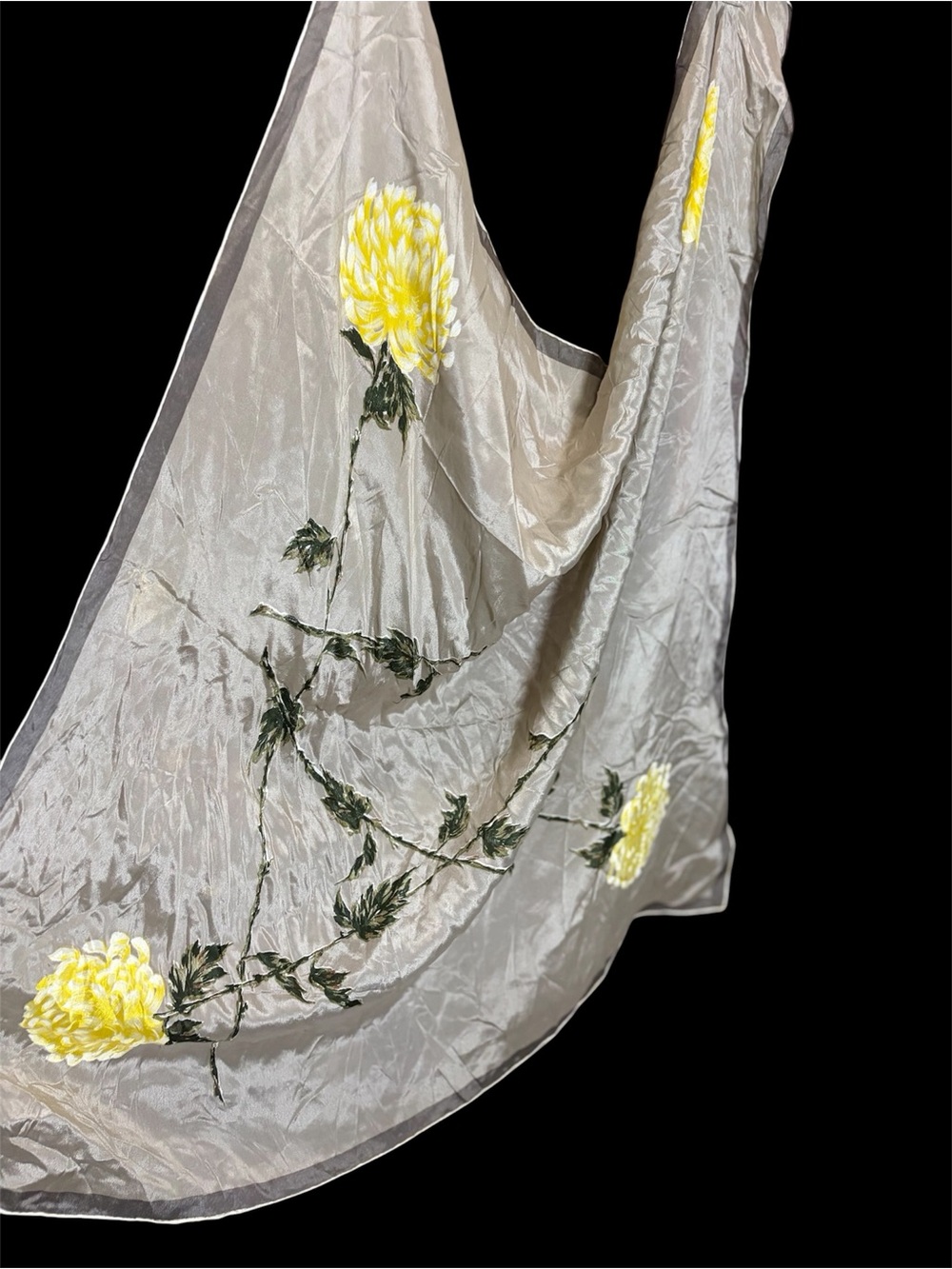 100% SILK - Floral Scarf in Silver with Yellow Blooms